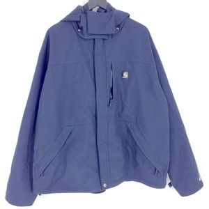 Carhartt Waterproof Breathable Full Zip Removable Hood Workwear Blue Rain Jacket